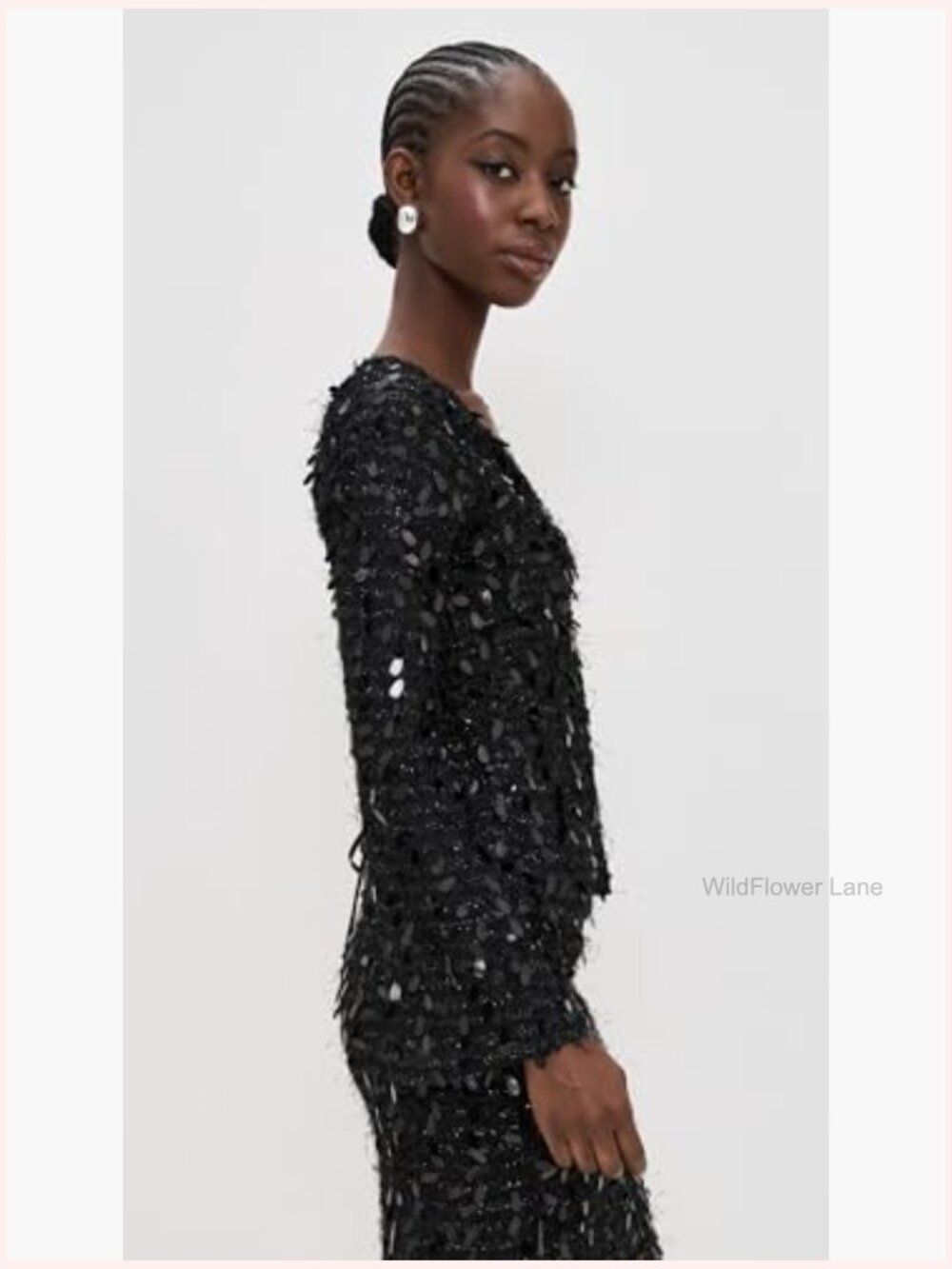 V-Neck Long Sleeve Sequin Blouse with Single-Button Placket and Back Ties - Picture 5 of 6